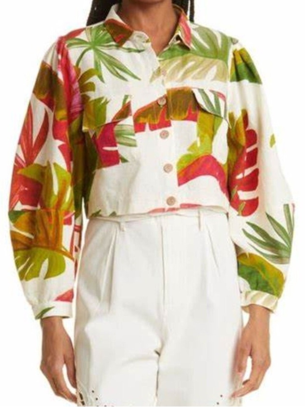 Farm Rio SMALL Spring Forest linen blend cropped long balloon sleeve top